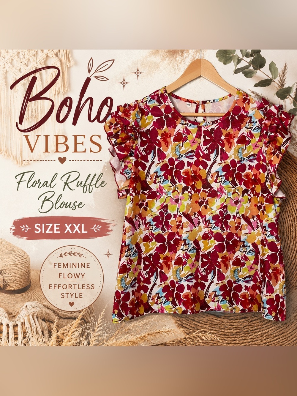 Women’s XXL Floral Ruffle Sleeve Blouse Multicolor Boho Top